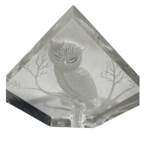Vintage M. COX Reverse Carved Owl Lucite Cube Sculpture Paperweight Signed